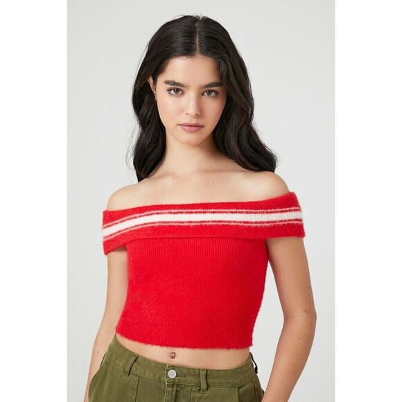 Forever21 Sweater-Knit Off-the-Shoulder Top junior's size large Off red/white - Picture 1 of 13